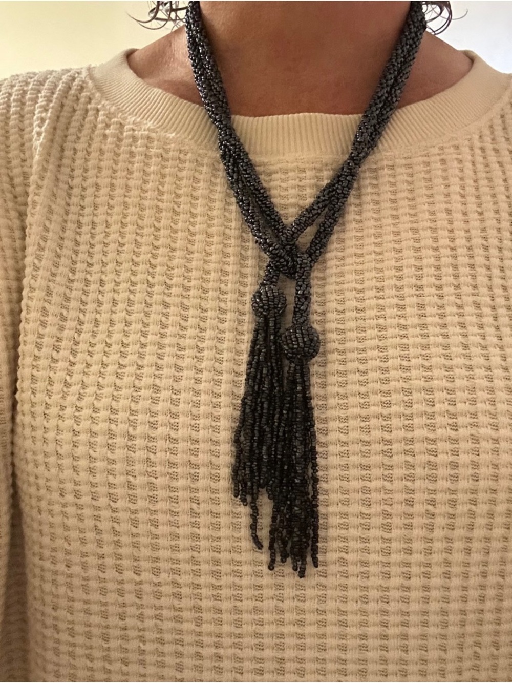 Flapper-style Navy Rope Beaded Lariat Necklace with Tassels